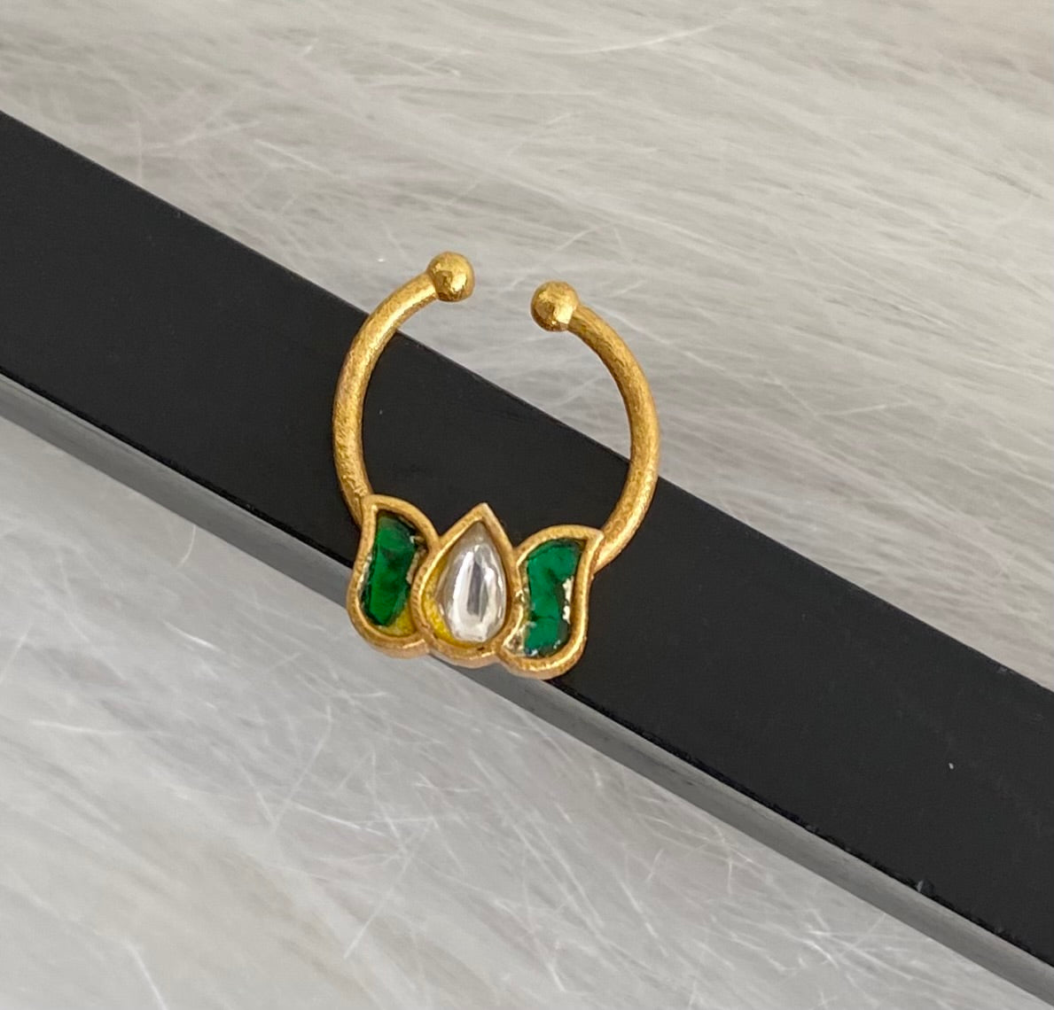 Gold tone kundan jadau green-white stone lotus nose pin/bulakku dj-53754