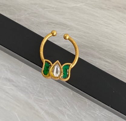 Gold tone kundan jadau green-white stone lotus nose pin/bulakku dj-53754