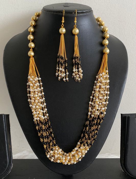 Gold tone black beaded pearl multilayer necklace set dj-54212