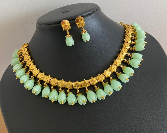 Antique gold tone sea green tulip beaded necklace set dj-54215