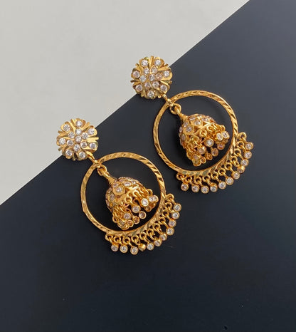 Gold tone south indian style AD white stone bali jhumkka dj-54892