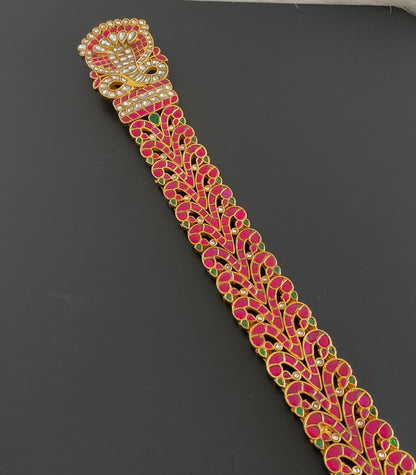 Gold tone long pink-green-white kundan jadau jadai naagam/hair jewel dj-55055