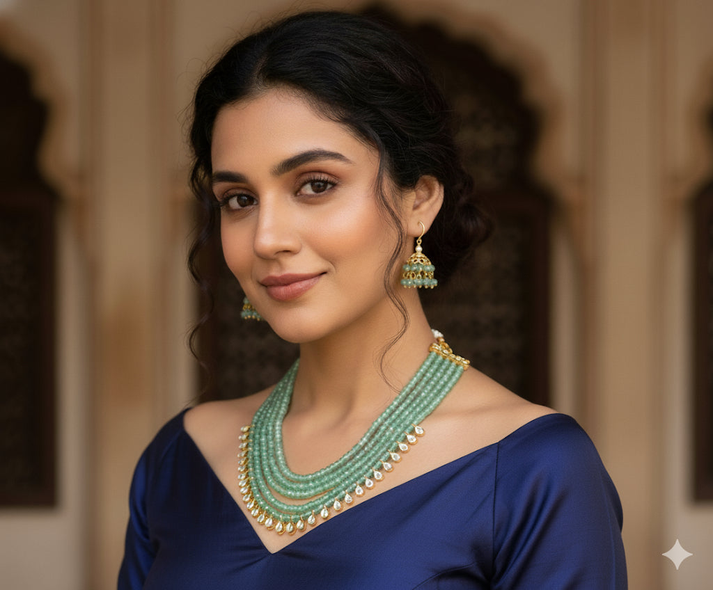 Gold tone cz white stone green beaded multi layer necklace set dj-50895