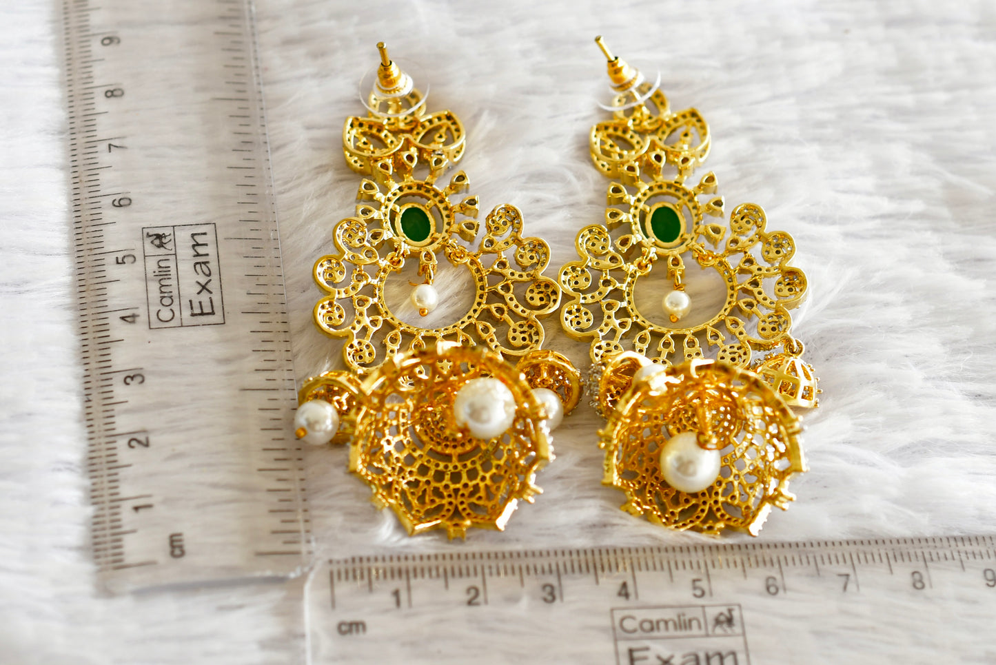 Two tone cz green pearl long bali jhumkka dj-51883