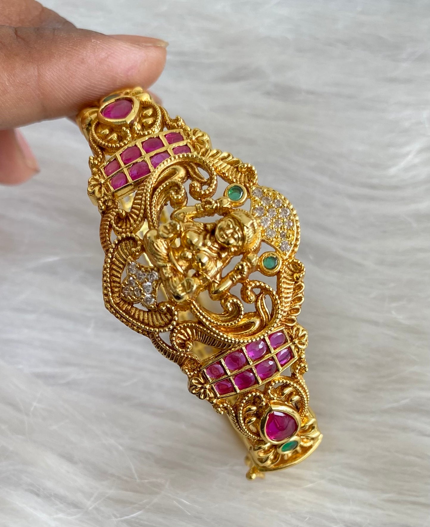 Antique gold tone pink-green-white lakshmi openable kada/bracelet dj-53974