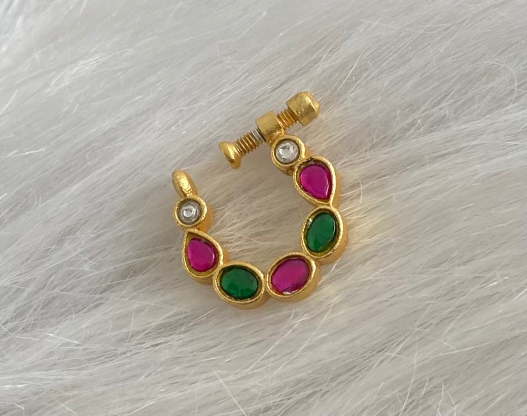 Gold tone kundan jadau pink-green-white stone nose pin dj-53727