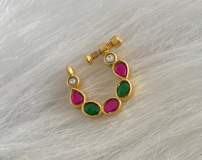 Gold tone kundan jadau pink-green-white stone nose pin dj-53727