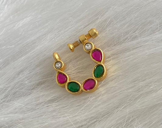 Gold tone kundan jadau pink-green-white stone nose pin dj-53727