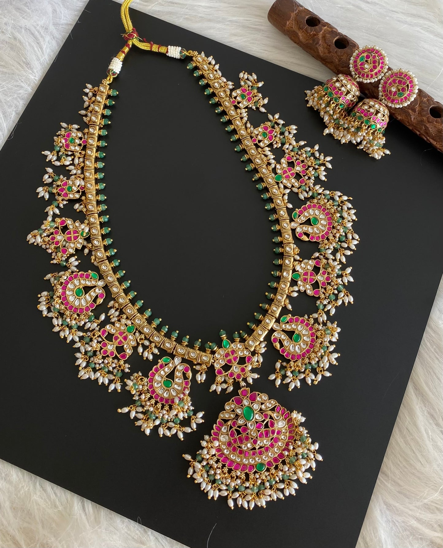 Antique gold tone peacock green beaded kundan jadau rice pearl haar set dj-54155