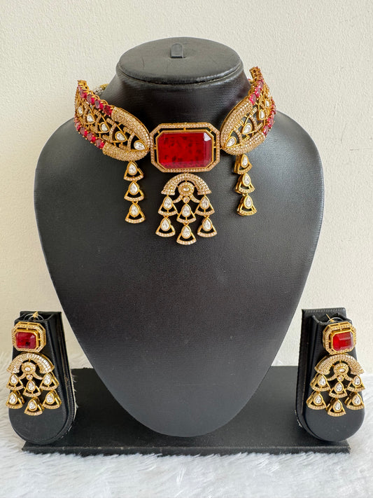 Antique gold tone cz kundan red choker necklace set dj-51075