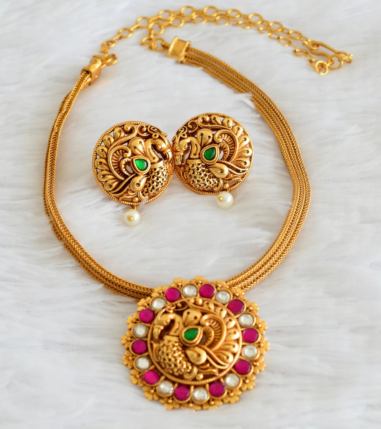 Matte finish pink-green-white kundan jadau peacock choker/necklace set dj-54023