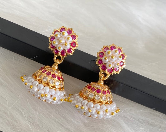 Gold tone ruby-white stone pearl cluster south Indian style jhumkka dj-41761