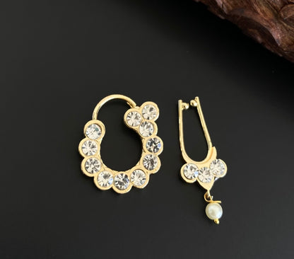 Gold tone precious white stone pearl nathu-bulakku(nose pin) dj-53382