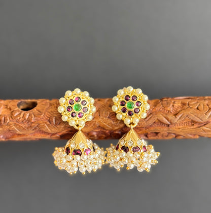 Gold tone precious kemp-green-white pearl jhumkka dj-51477