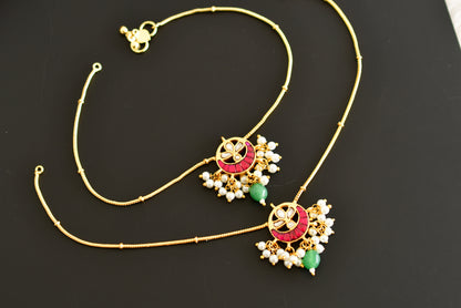 Gold tone pink-green pearl kundan jadau anklets dj-52386