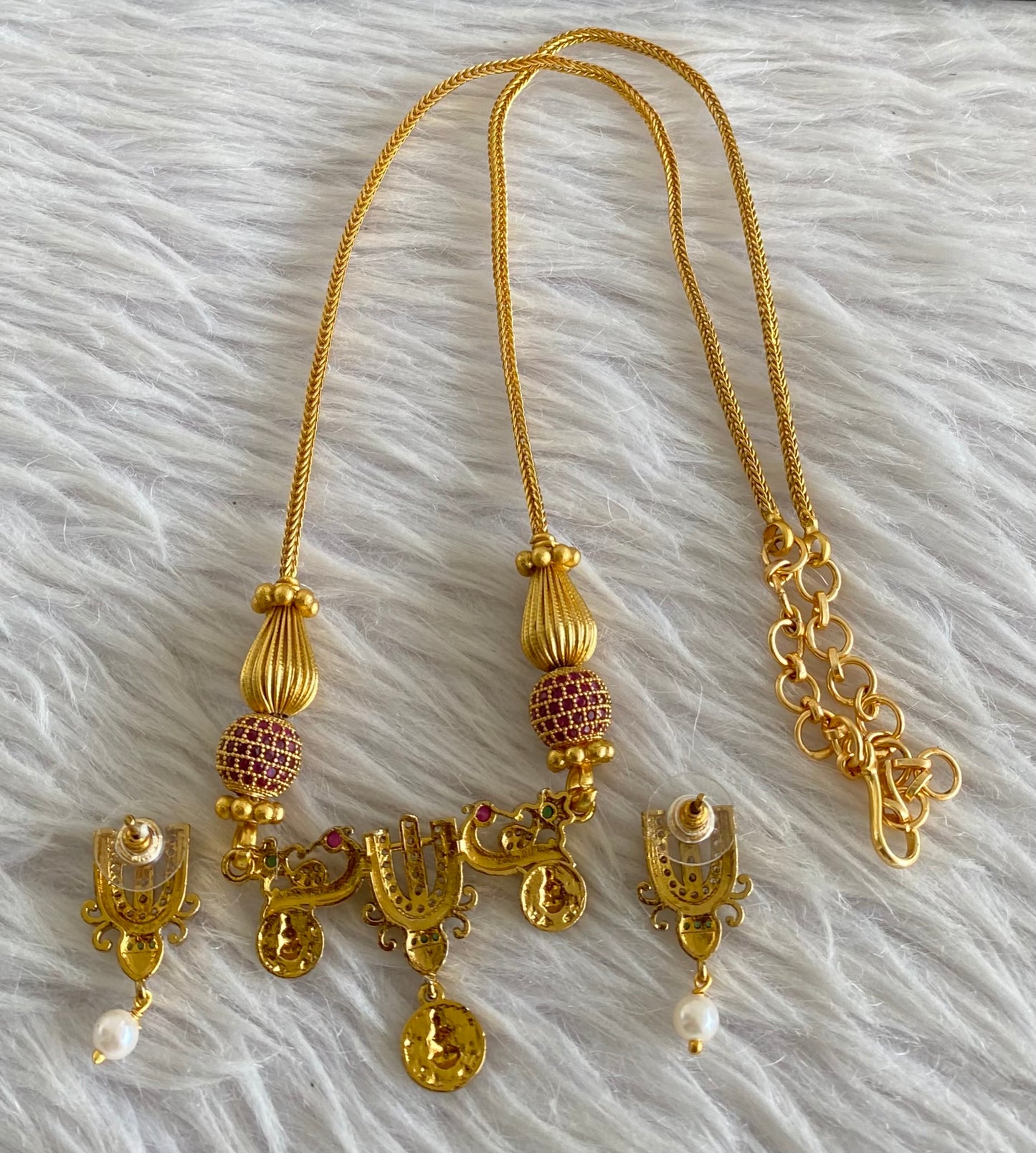 Matte finish pink-green-white thirumal nama beaded chain set dj-54011