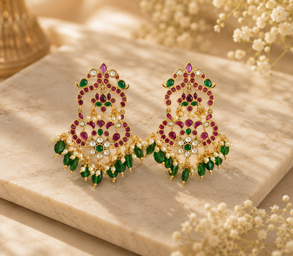 Matte finish kemp-green-white peacock pearl cluster green beaded earrings dj-41009