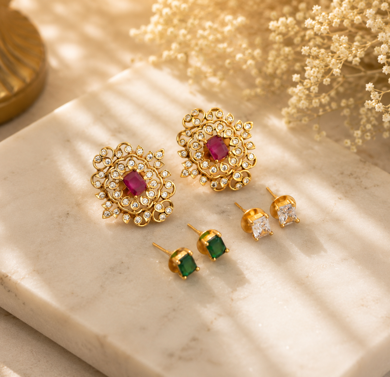 Matte finish ruby-green-white color changeable earrings dj-41011