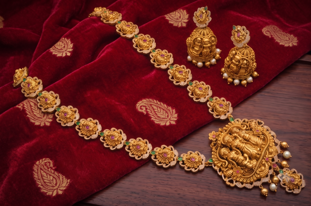 Matte finish ruby-green-white swan Ram parivar haar set dj-41024