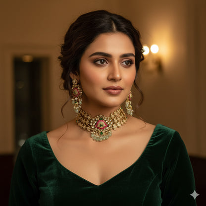 Antique gold tone cz pink-green kundan jadau choker necklace set dj-51560