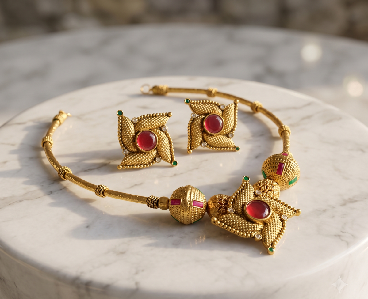 Antique ruby-green-white necklace set dj-41039