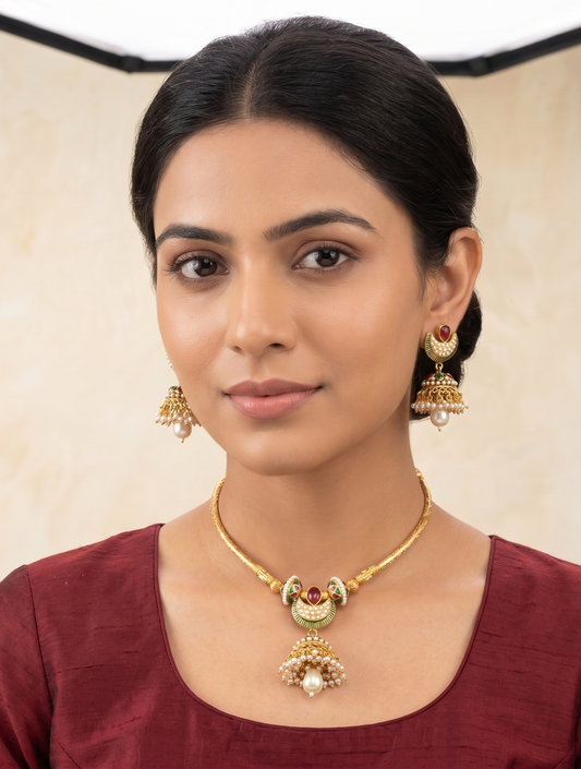 Antique gold tone pearl cluster necklace set dj-41040
