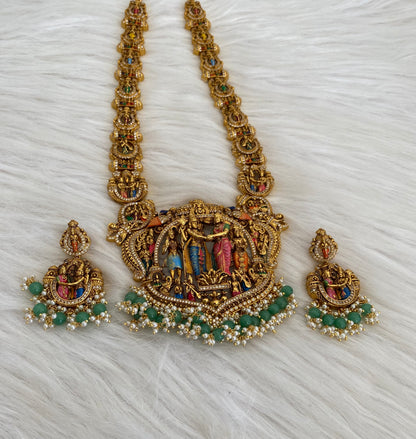 Matte finish green beaded meenakari srinivasa thirukalyanam haar set dj-54738