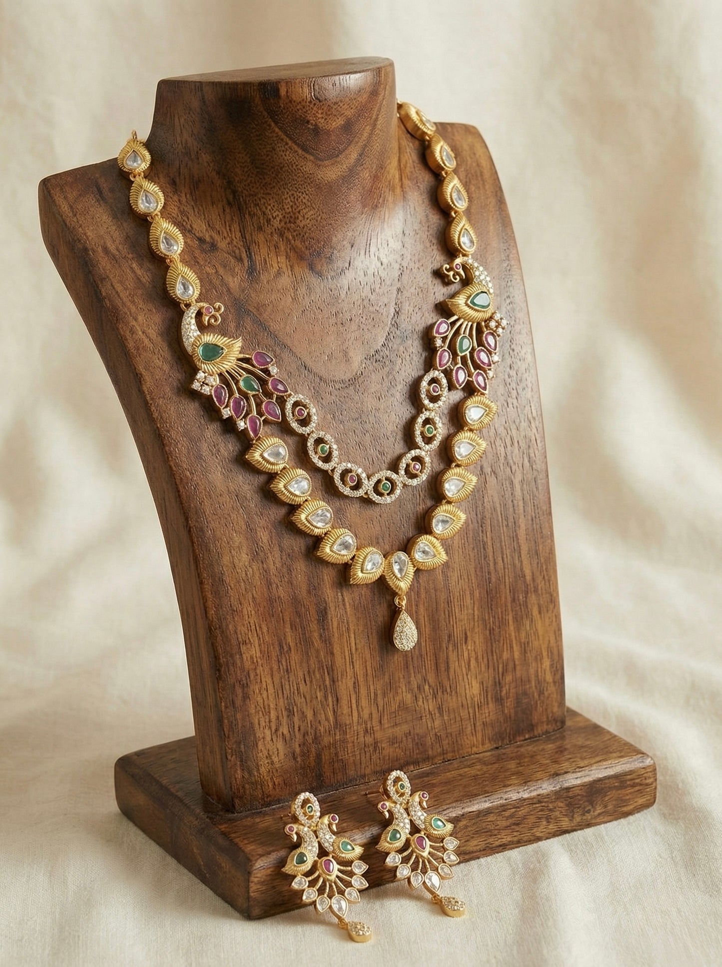 Matt finish cz ruby-green peacock double layer necklace set DJ30886