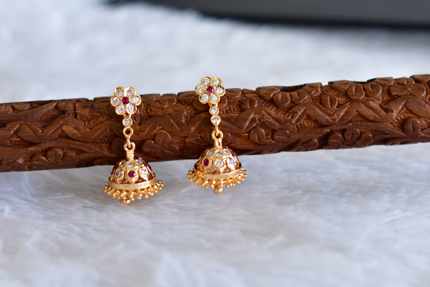 Gold tone ad pink-white south indian flower jhumkka dj-52243
