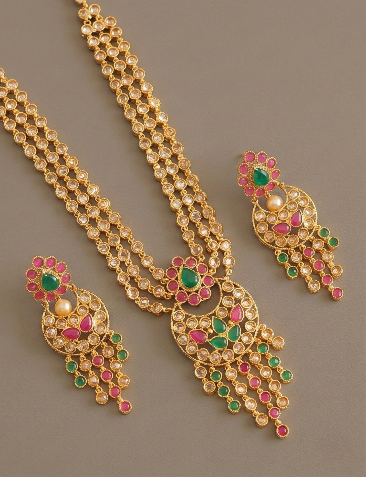 Antique Gold Tone Pink-green Polki Multilayer Necklace Set-dj07623