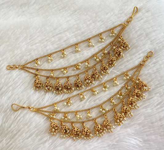 Matte finish pearl jhumkka multi layer ear side chain dj-54053