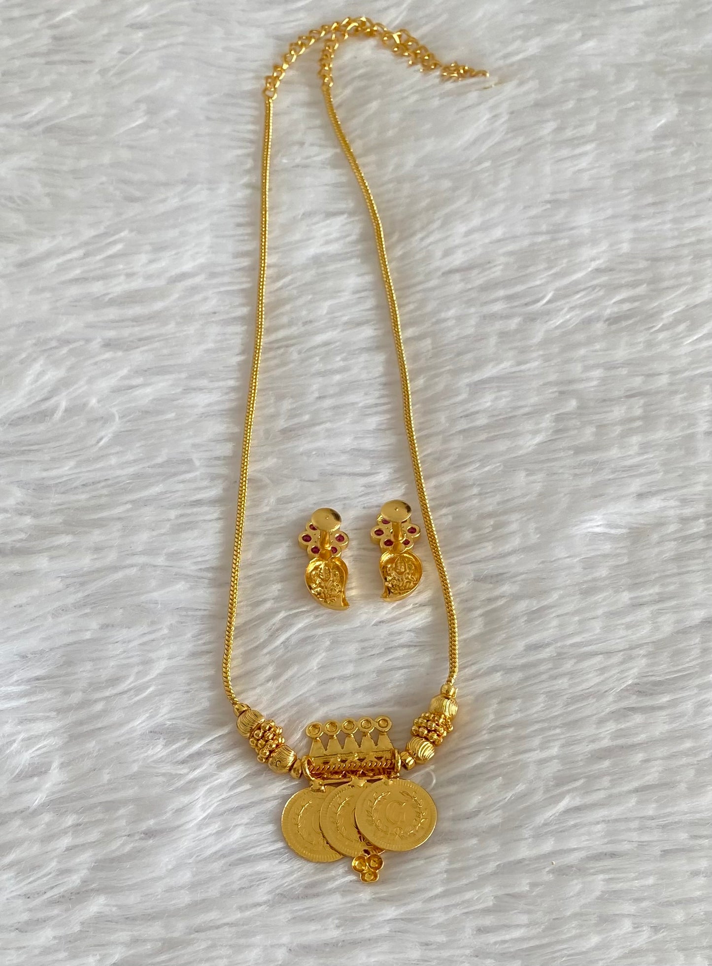 Gold tone kerala style pink stone lakshmi coin necklace set dj-54356
