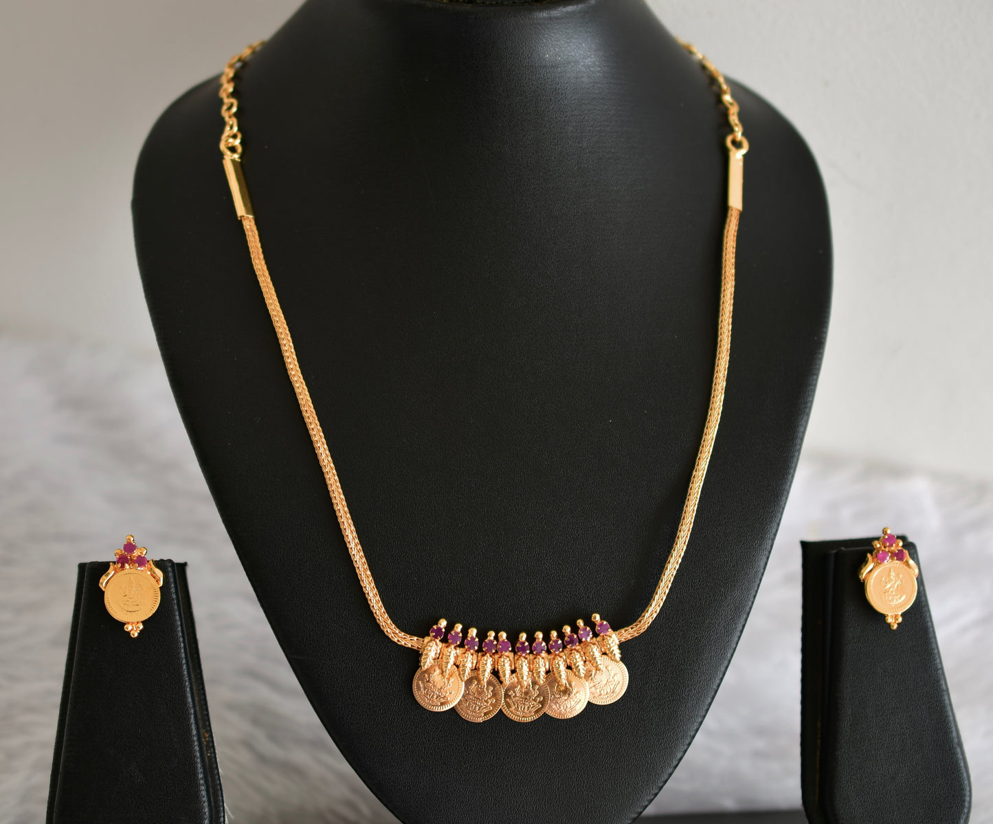 Gold tone kerala style ruby lakshmi coin necklace set dj-52682
