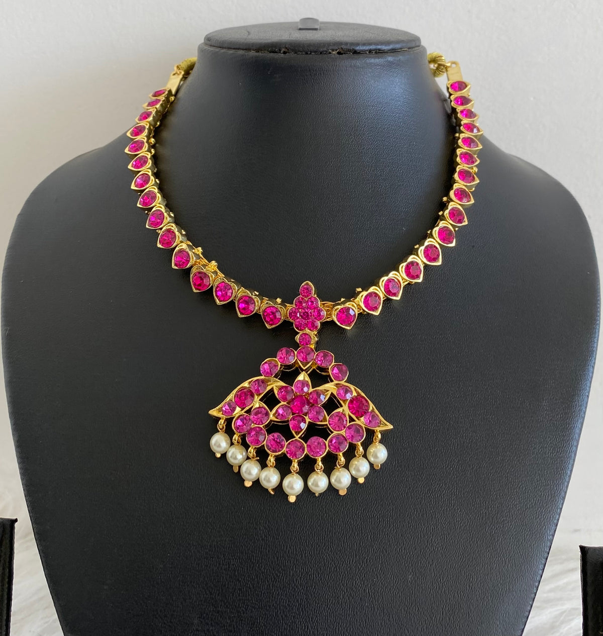 Gold tone AD balaji/rani pink stone pearl attigai flower necklace dj-55130