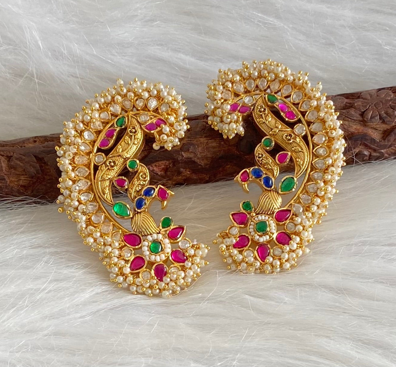 Gold tone pink-white-blue-green kundan jadau big peacock khanpool earrings dj-54570