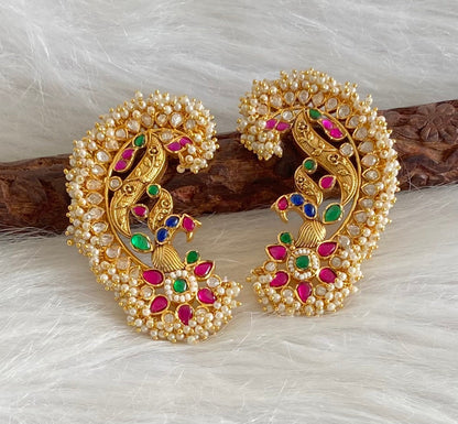 Gold tone pink-white-blue-green kundan jadau big peacock khanpool earrings dj-54570