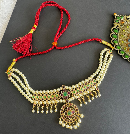 Gold tone precious kemp-green pearl attigai/necklace dj-52005