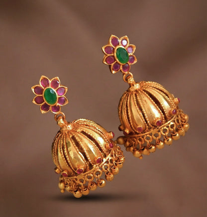 Matte finish ruby-emerald flower jhumkka DJ18090