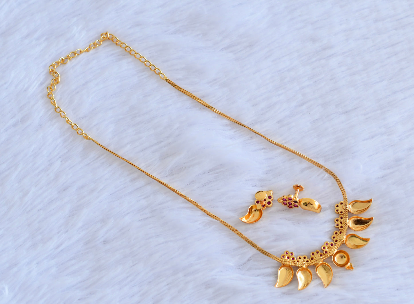 Gold tone pink flower stone mango necklace set dj-53084