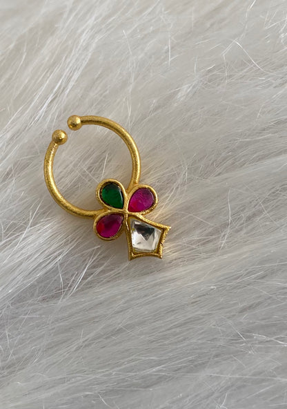 Gold tone kundan jadau pink-green-white stone nose pin/bulakku dj-53756