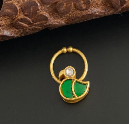 Gold tone kundan jadau green-white stone swan nose pin/bulakku dj-53737