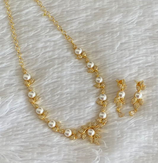 Gold tone cz white stone pearl necklace set dj-54343