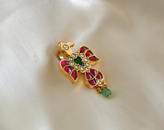 Gold tone pink-green kundan jadau peacock small pendant dj-52637