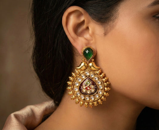Antique gold tone Meenakari Green-maroon Earrings -dj17080