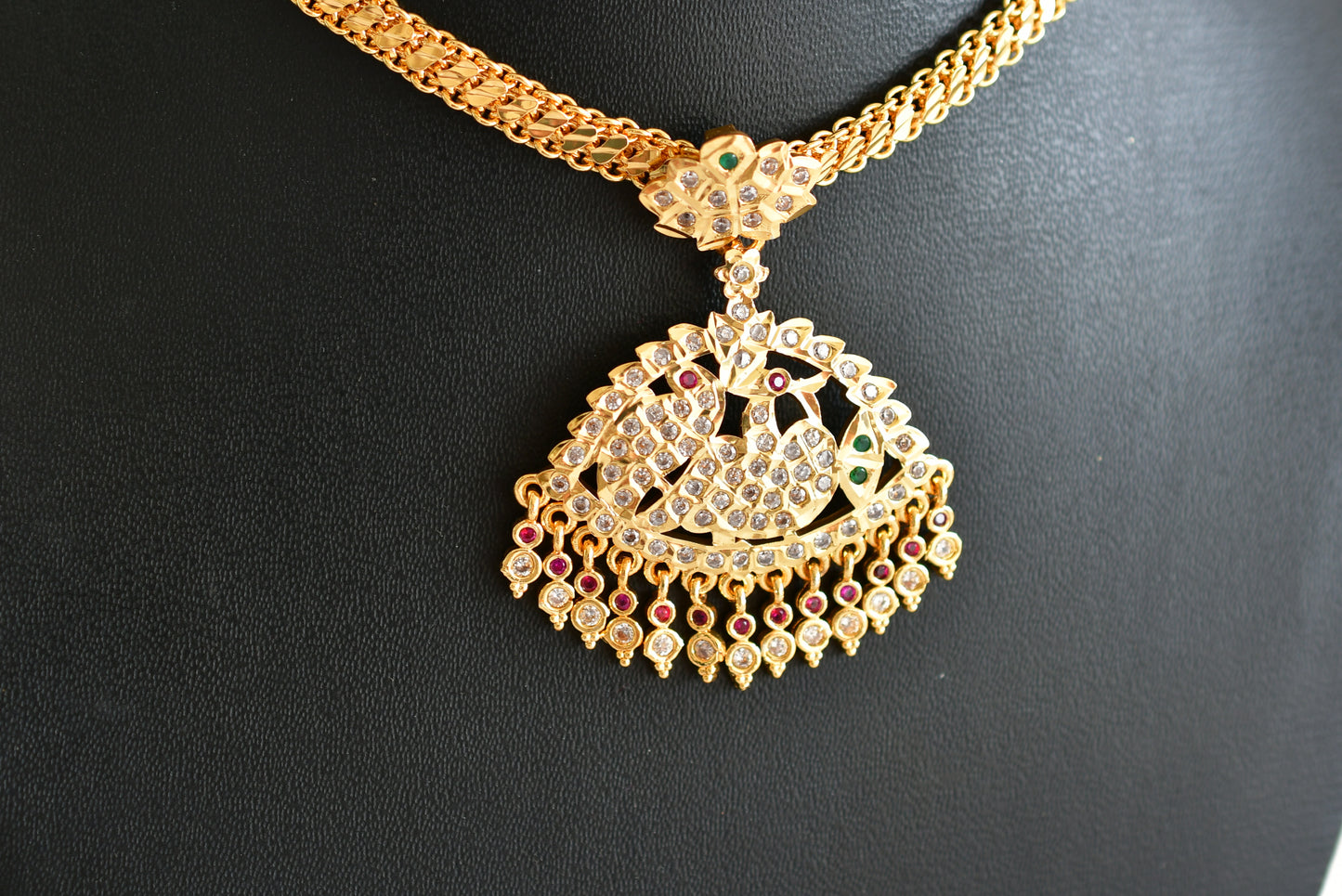 Gold tone south indian AD pink-green-white peacock attigai/necklace dj-51894