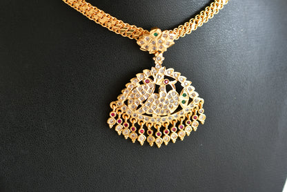 Gold tone south indian AD pink-green-white peacock attigai/necklace dj-51894