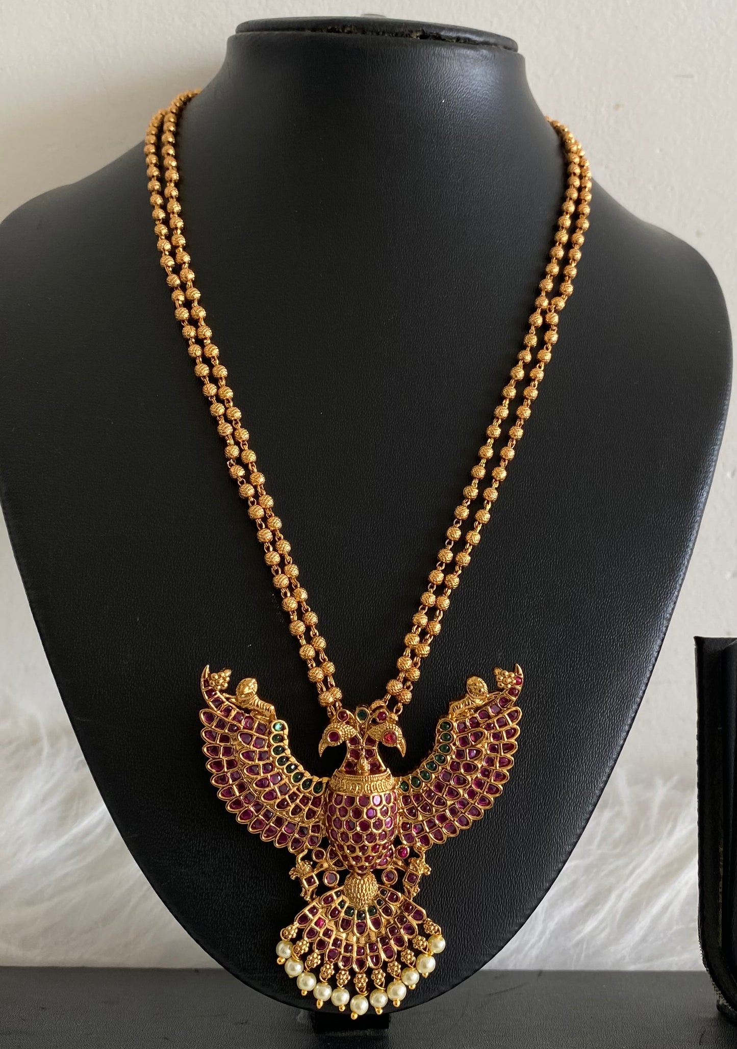 Gold tone pink-green pearl gandaberunda necklace dj-54312