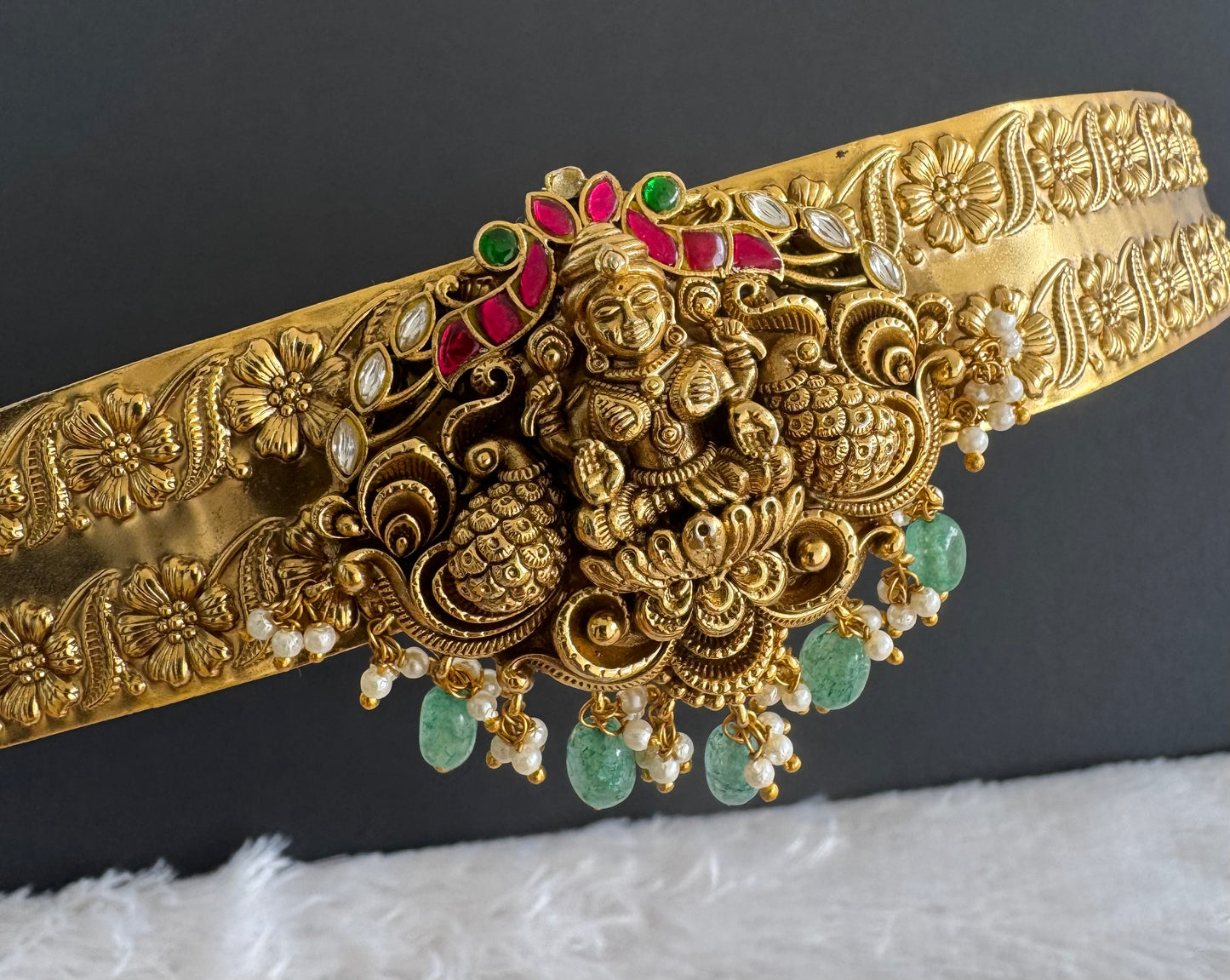Antique gold tone pink-green kundan jadau lakshmi waist band dj-50402