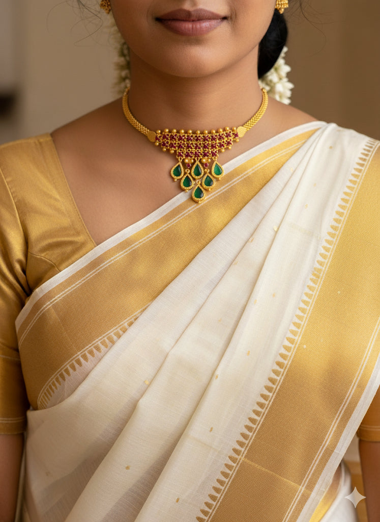 Gold tone Kerala style pink-green gopi choker necklace dj-43062