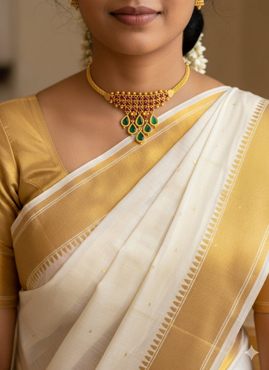 Gold tone Kerala style pink-green gopi choker necklace dj-43062